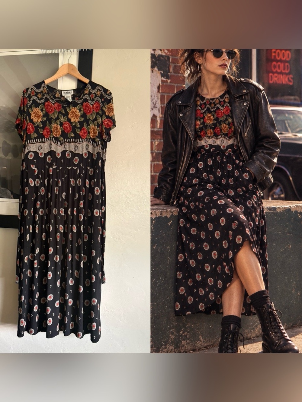 VINTAGE -Petite Black Floral Short-Sleeve Midi Dress